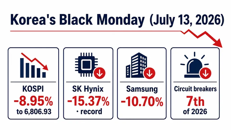 Infographic of South Korea's July 13 2026 market crash showing KOSPI down 8.95 percent to 6,806, SK Hynix down 15.37 percent, Samsung down 10.70 percent, and the seventh circuit breaker of the year