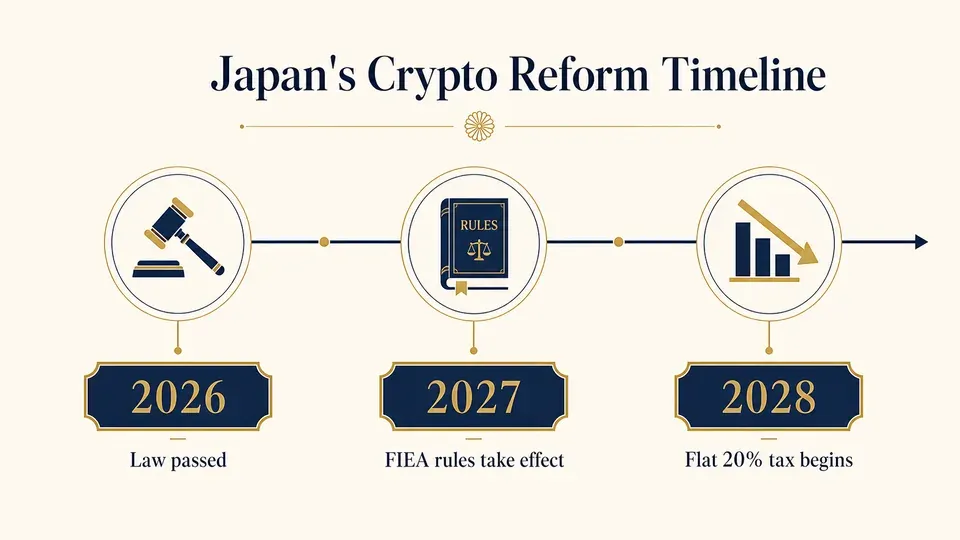 Timeline showing Japan's crypto reform passing in 2026, FIEA rules taking effect in 2027, and the flat 20 percent tax starting in 2028