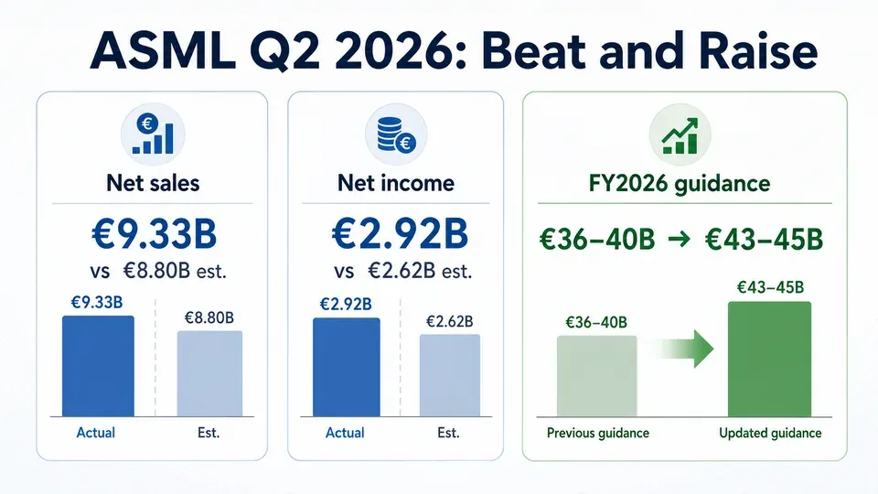 Bar chart illustration showing ASML beating Q2 2026 estimates and raising full-year guidance from 36-40 billion to 43-45 billion euros