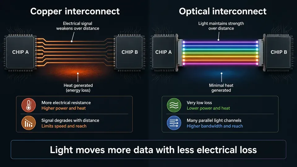 Side-by-side comparison of copper interconnects losing signal versus an optical beam carrying more parallel data between chips
