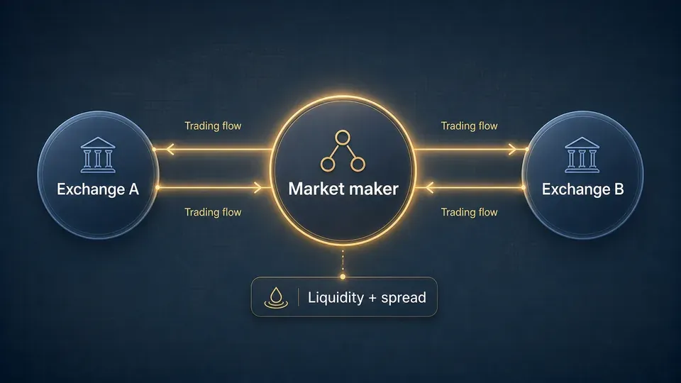 Diagram of a market maker connected to two crypto exchanges, showing how it profits from trading volume flowing through the venues