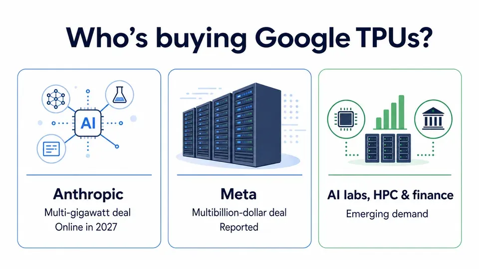 Infographic of Google TPU customers showing Anthropic's multi-gigawatt 2027 deal, Meta's reported multibillion-dollar deal, and emerging demand from AI labs and finance firms