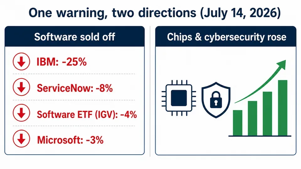 Split bar chart contrasting software stocks falling (IBM -25%, ServiceNow -8%, software ETF -4%, Microsoft -3%) with AI chip and cybersecurity stocks rising on July 14, 2026