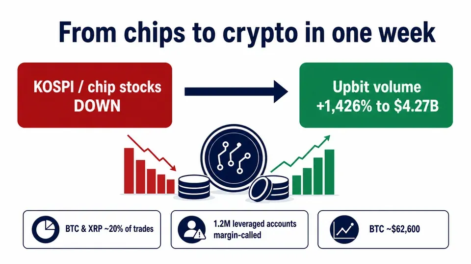 Flow infographic showing Korean capital rotating from crashing chip stocks into crypto, with Upbit volume up 1,426 percent to $4.27 billion and Bitcoin around $62,600