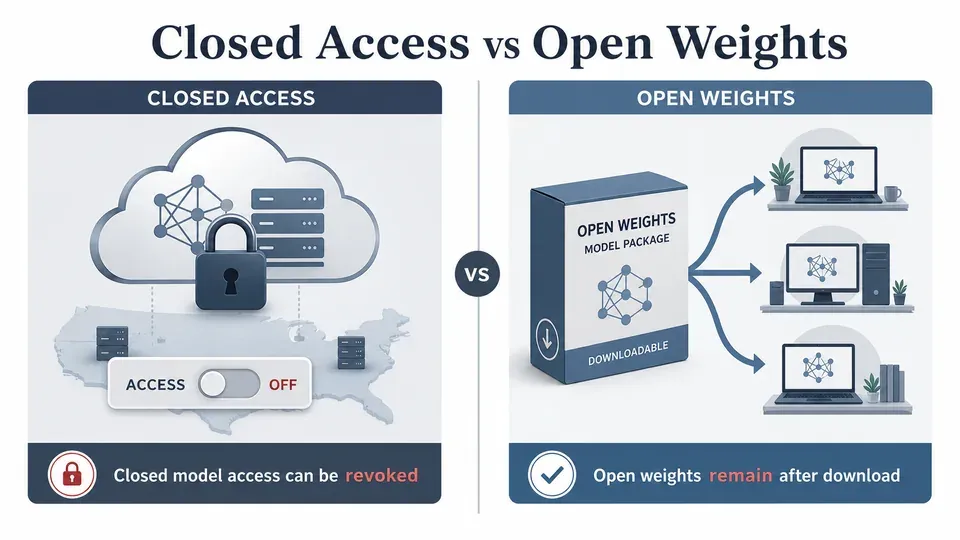 Split illustration contrasting a switched-off closed US cloud model with a freely downloadable open-weight Chinese model, showing why cutting off US models can push users toward Chinese alternatives