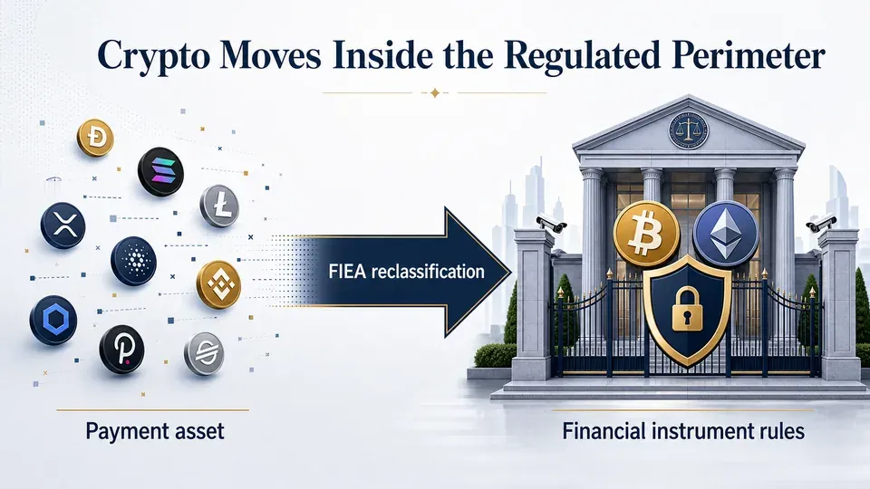 Illustration of crypto assets moving from outside a fence into a guarded financial building, representing Japan bringing crypto inside the FIEA regulated perimeter