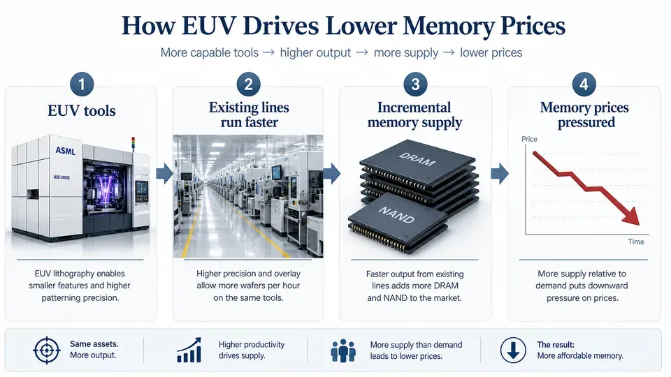 Flow diagram showing EUV machines making existing memory lines faster, adding incremental supply, and pushing memory prices down