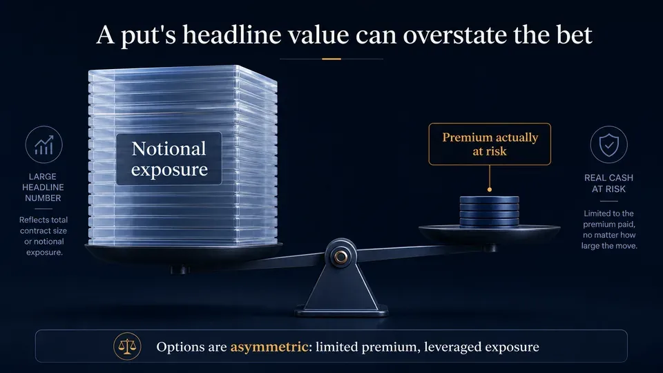 A large translucent coin stack next to a small solid one on a scale, illustrating how a put option's notional value overstates the real capital at risk