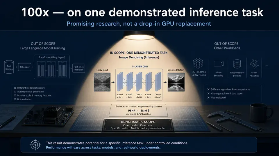 A focused spotlight on one AI task while others stay in shadow, illustrating that the optical chip's 100x gain is application-specific