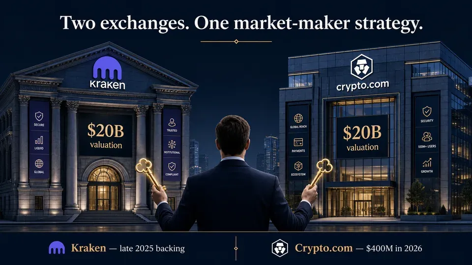 One investor holding keys to two equally valued crypto exchanges, illustrating Citadel's matching bets on Kraken and Crypto.com