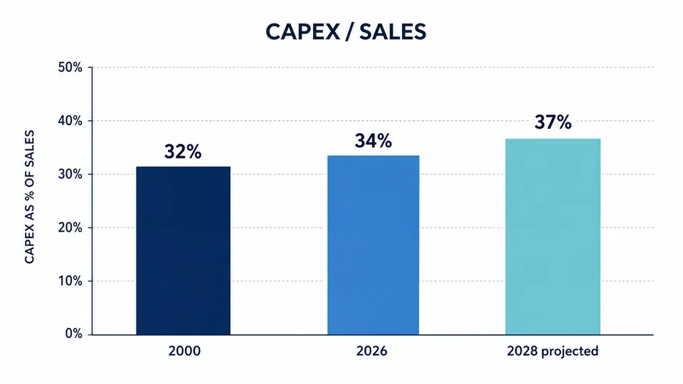 Chart comparing dot-com era capex-to-sales ratio to the 2026 AI infrastructure spending ratio