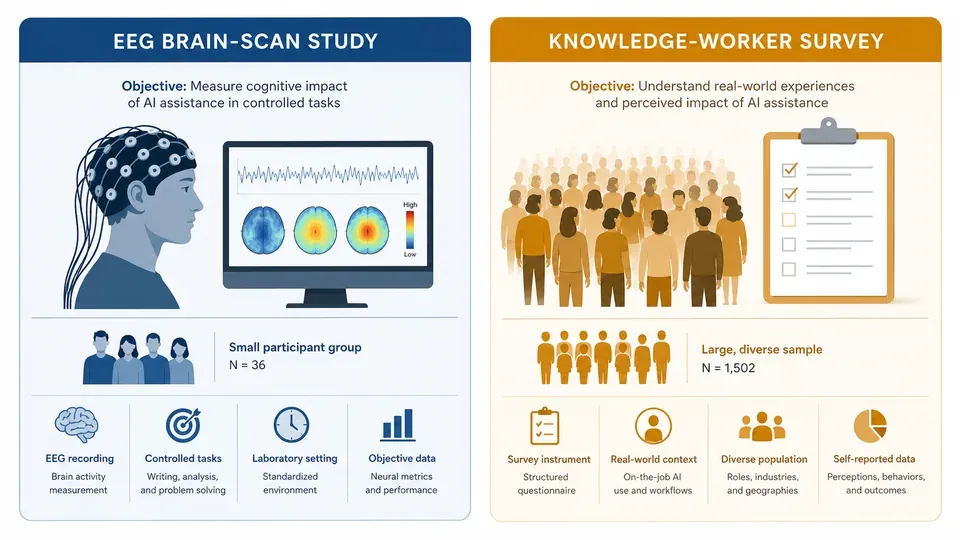 Side-by-side infographic comparing the MIT brain-scan study and the Microsoft knowledge-worker survey on AI and thinking
