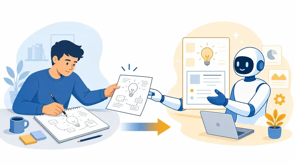 Illustration showing a person thinking and outlining first, then using AI to refine, representing the think-first workflow