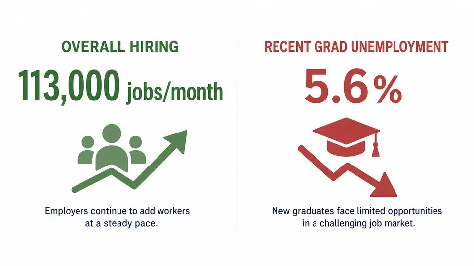 Infographic contrasting healthy overall US job growth with elevated unemployment among recent graduates in AI-exposed fields