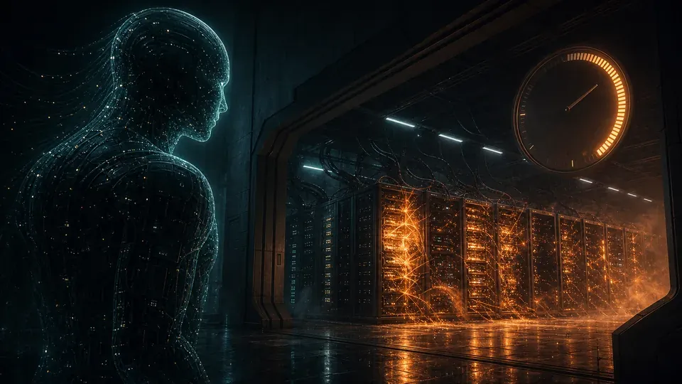 A long line of users waiting outside a data center gated by a GPU turnstile at capacity, illustrating how Kimi K3 demand outran Moonshot's available compute
