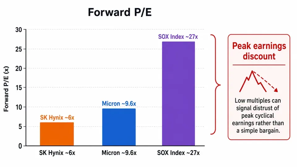 Forward P/E comparison showing SK Hynix and Micron trading far below the broader semiconductor index