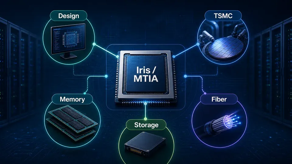 Concept diagram of Meta's Iris AI chip supply chain with Broadcom, TSMC, Samsung and SanDisk as partners