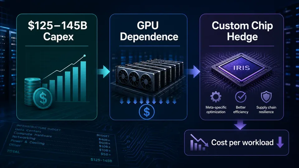 Illustration of Meta's two-pronged AI cost strategy: a custom chip and an in-house model both driving down costs