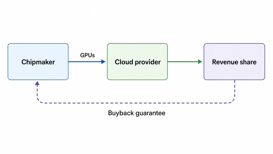 Diagram of Nvidia's compute-for-equity model showing GPUs going to a cloud provider and revenue share plus a buyback guarantee flowing back to Nvidia