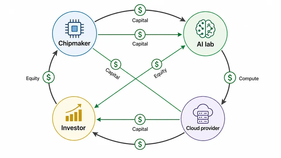 Network map of AI circular financing showing chipmakers, AI labs, cloud providers, and investors connected in a closed money loop