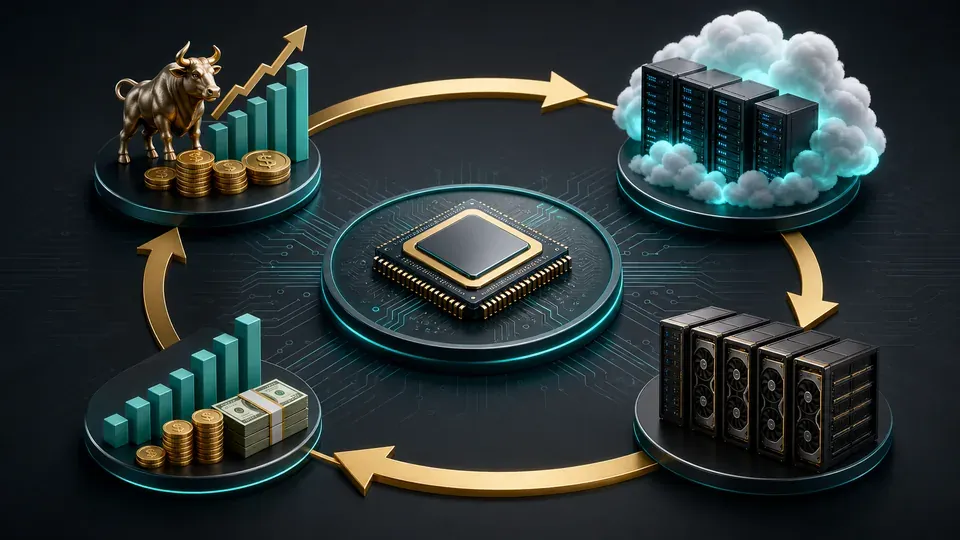 A simple loop diagram showing capital flowing from a chipmaker to a cloud provider and chips flowing back, illustrating the circular-financing structure