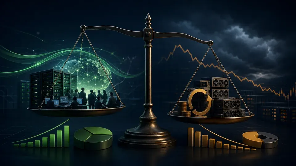 A balance scale weighing unassisted customer demand against supplier-backed demand, illustrating how to judge circular AI infrastructure financing