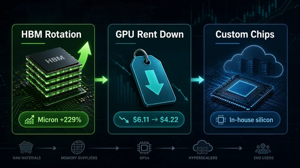 Illustration of falling GPU rental prices and hyperscalers building their own chips, the two pressures on Nvidia's premium valuation