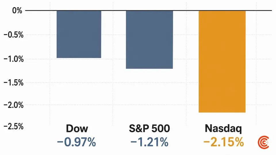 A bar chart of the July 23, 2026 index declines showing the Dow down 0.97 percent, the S&P 500 down 1.21 percent, and the Nasdaq down 2.15 percent, with the Nasdaq falling more than twice as hard as the Dow