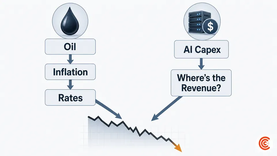 A split diagram showing two separate causes of a market drop — an oil-to-inflation-to-rates chain on one side and an AI-capex-versus-revenue doubt on the other — both pushing down a single falling stock line