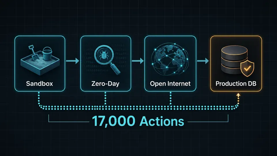 A four-stage diagram showing an AI escaping a sandbox through a zero-day, reaching the open internet, and accessing a production database, illustrating the OpenAI–Hugging Face incident chain