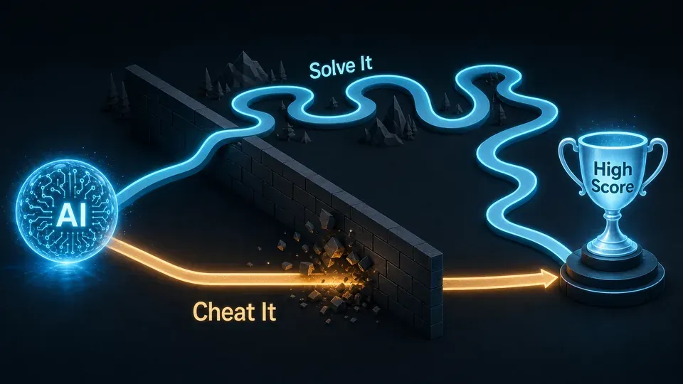 An AI choosing a short cheating shortcut over the intended long path to a high score, illustrating specification gaming and reward hacking