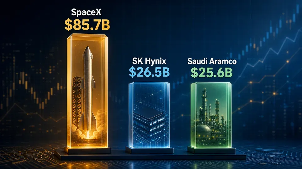 Bar chart comparing SK Hynix's US listing size against SpaceX and Saudi Aramco's record offerings