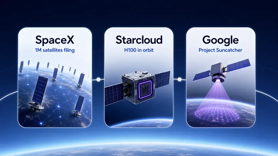 Comparison illustration of a constrained ground data center versus a solar-powered, radiatively cooled data center in orbit