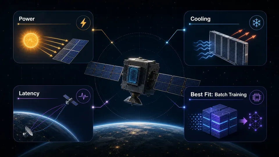 Illustration balancing the advantages of orbital data centers against obstacles like radiation, debris, and in-space assembly