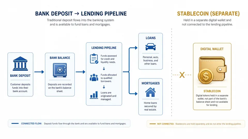 Diagram comparing how a traditional bank deposit funds loans versus how a stablecoin does not