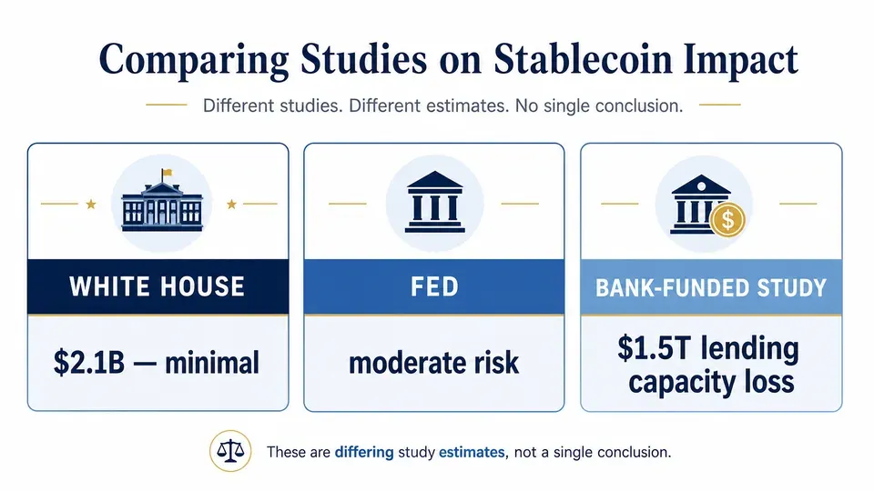 Chart comparing three conflicting studies on the economic impact of stablecoins paying yield