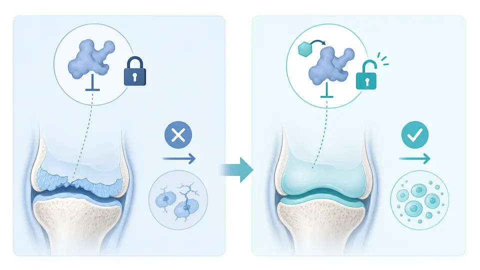 Diagram showing the 15-PGDH protein braking cartilage repair, and an inhibitor releasing the brake to restart regeneration