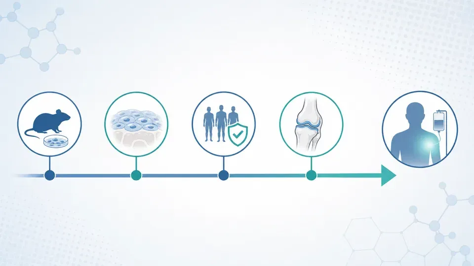 Timeline showing the path from animal studies and human tissue results toward future human cartilage trials