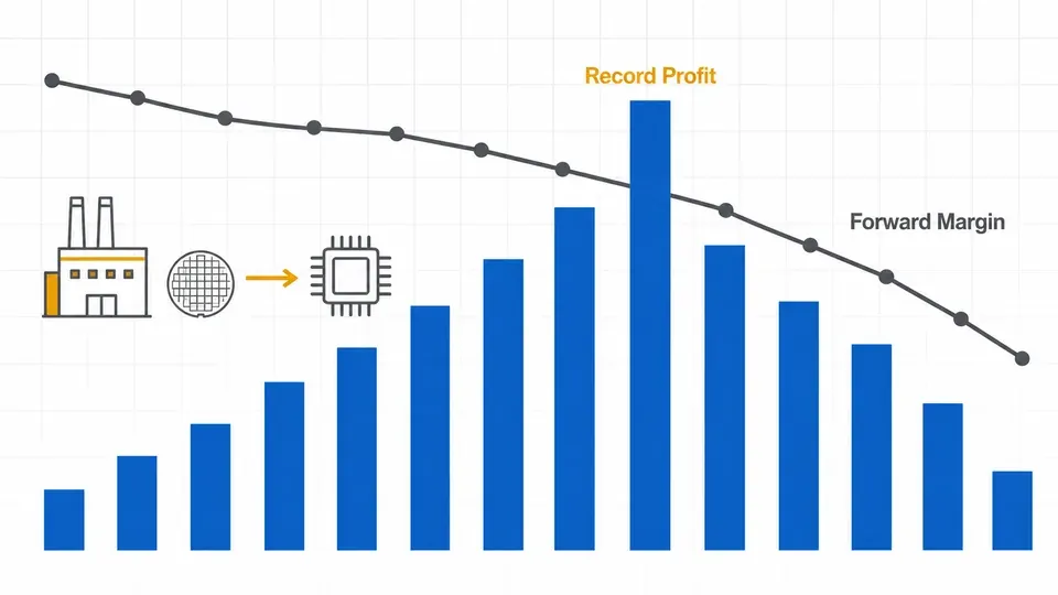 An illustration of TSMC's rising record profit alongside a gross-margin line that starts to tilt downward, showing peak earnings against softening forward margins