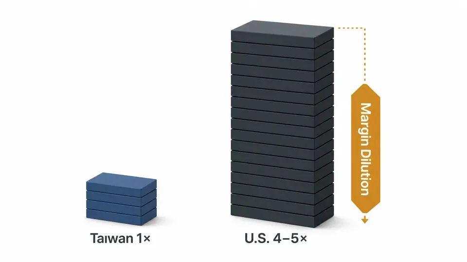 A side-by-side cost comparison showing a US fab costing four to five times a Taiwan fab, with a shrinking margin tag, illustrating TSMC's overseas gross-margin dilution