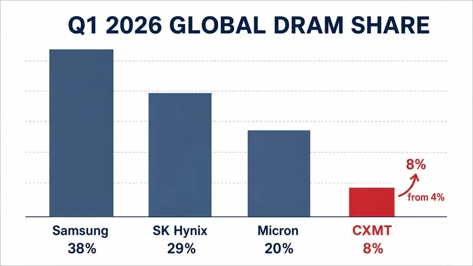 Bar chart of Q1 2026 global DRAM market share: Samsung 38%, SK Hynix 29%, Micron 20%, and CXMT 8% growing from 4%, showing why lawmakers are alarmed