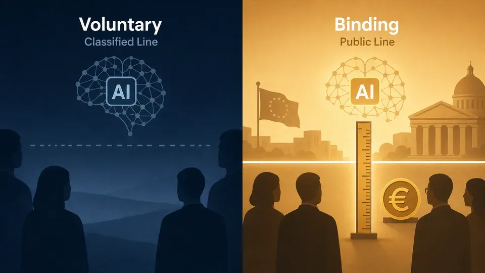 Split illustration contrasting the US voluntary classified AI review with the EU binding public compute threshold