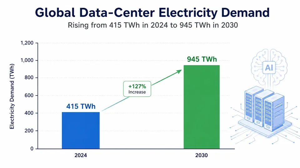 Chart showing data center electricity demand roughly doubling to 945 TWh by 2030 driven by AI
