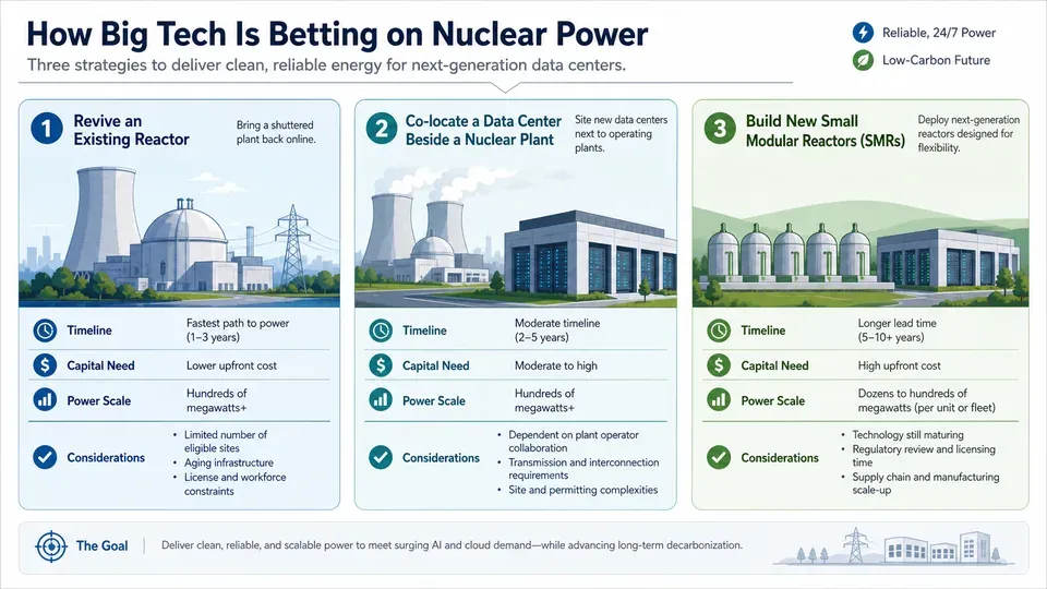Infographic comparing Microsoft, Amazon and Google nuclear power strategies for AI data centers
