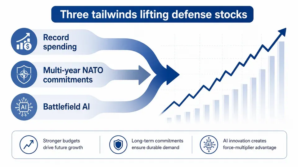 Infographic of three tailwinds — record military spending, NATO commitments, and battlefield AI — converging to lift defense stocks in 2026