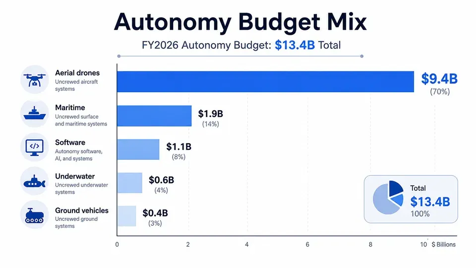 Bar chart of the Pentagon's $13.4 billion FY2026 autonomy budget, dominated by aerial drones at $9.4 billion